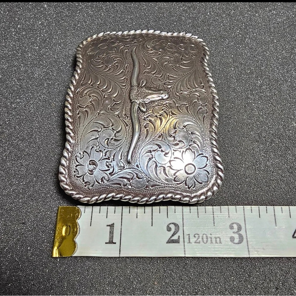 Nocona Long Horn Steer Head Rope Border Engraved Floral Pattern Western Buckle - Picture 8 of 9